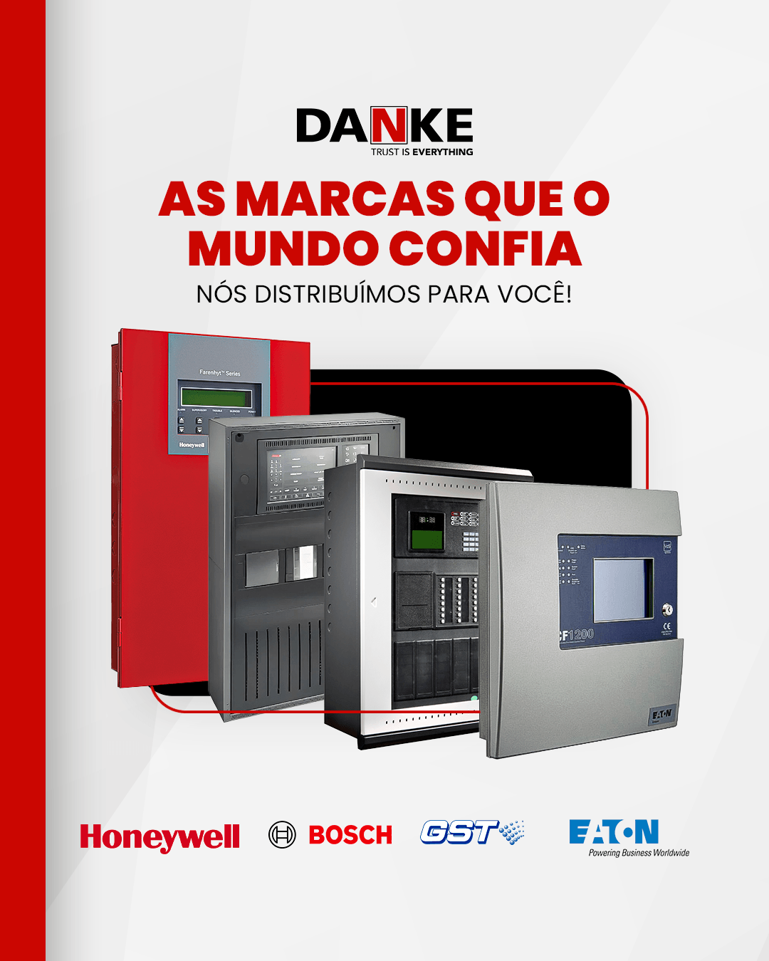 Conjunto de equipamentos de detecção e alarme de incêndio, detectores de fumaça e sinalizadores distribuídos pela Danke.