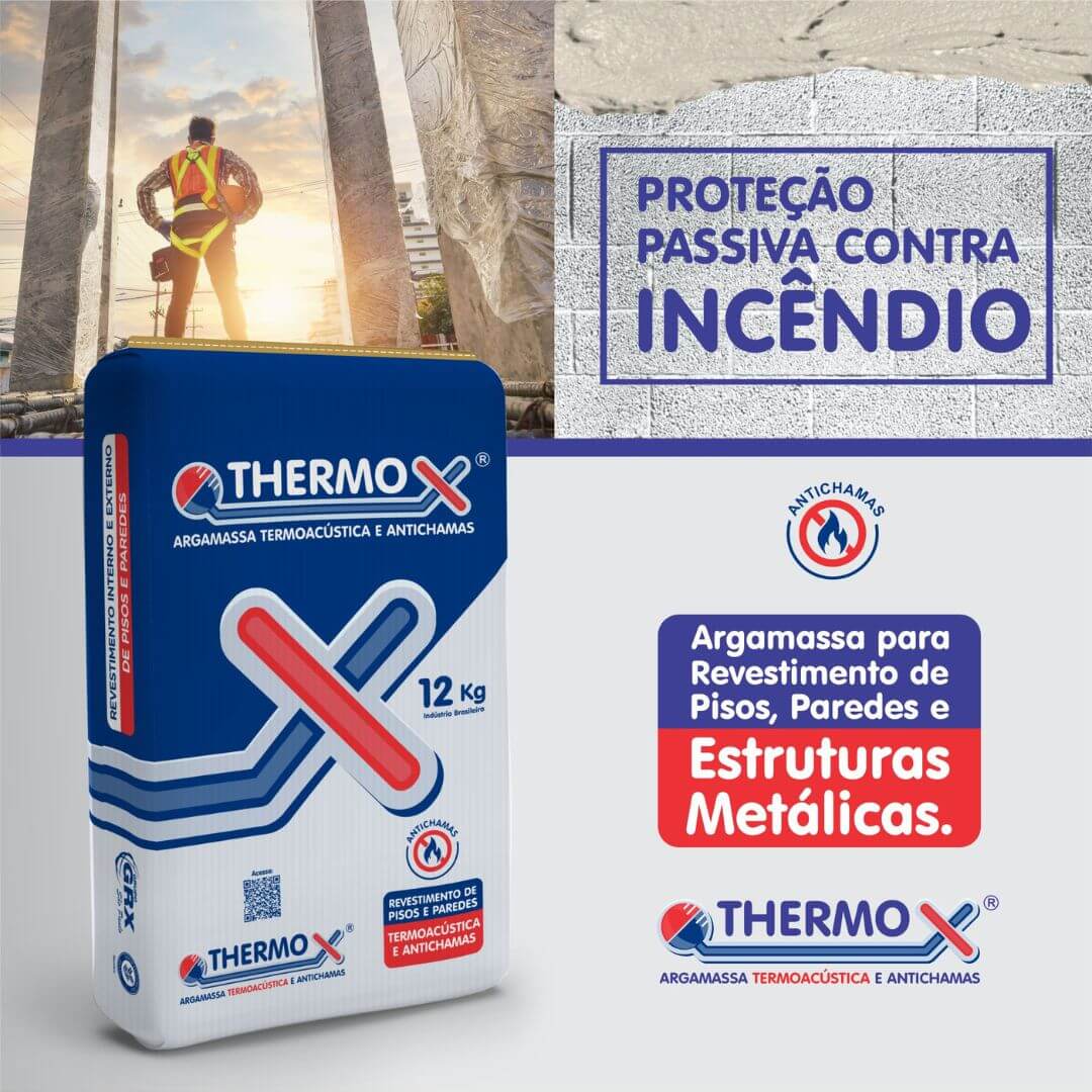 Informativo institucional da Thermo-X destacando argamassa para revestimento de pisos, paredes e proteção de estruturas metálicas.