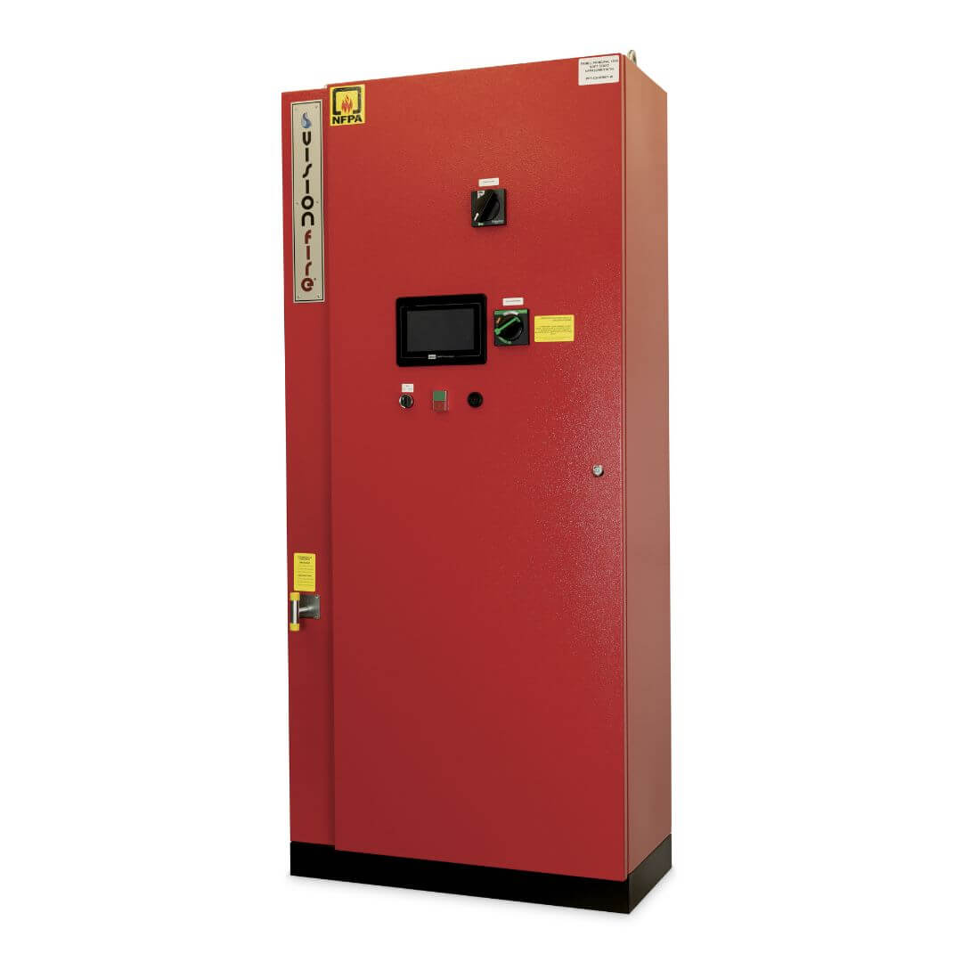Quadro de comando elétrico para sistema contra incêndio Monpaineis aberto em ângulo lateral.